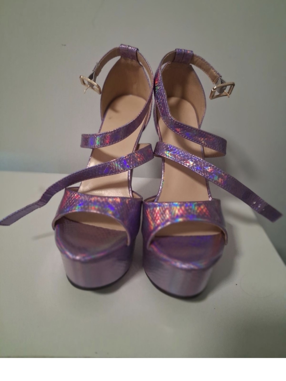 SHEIN Holographic Purple Platform Strappy Sandals